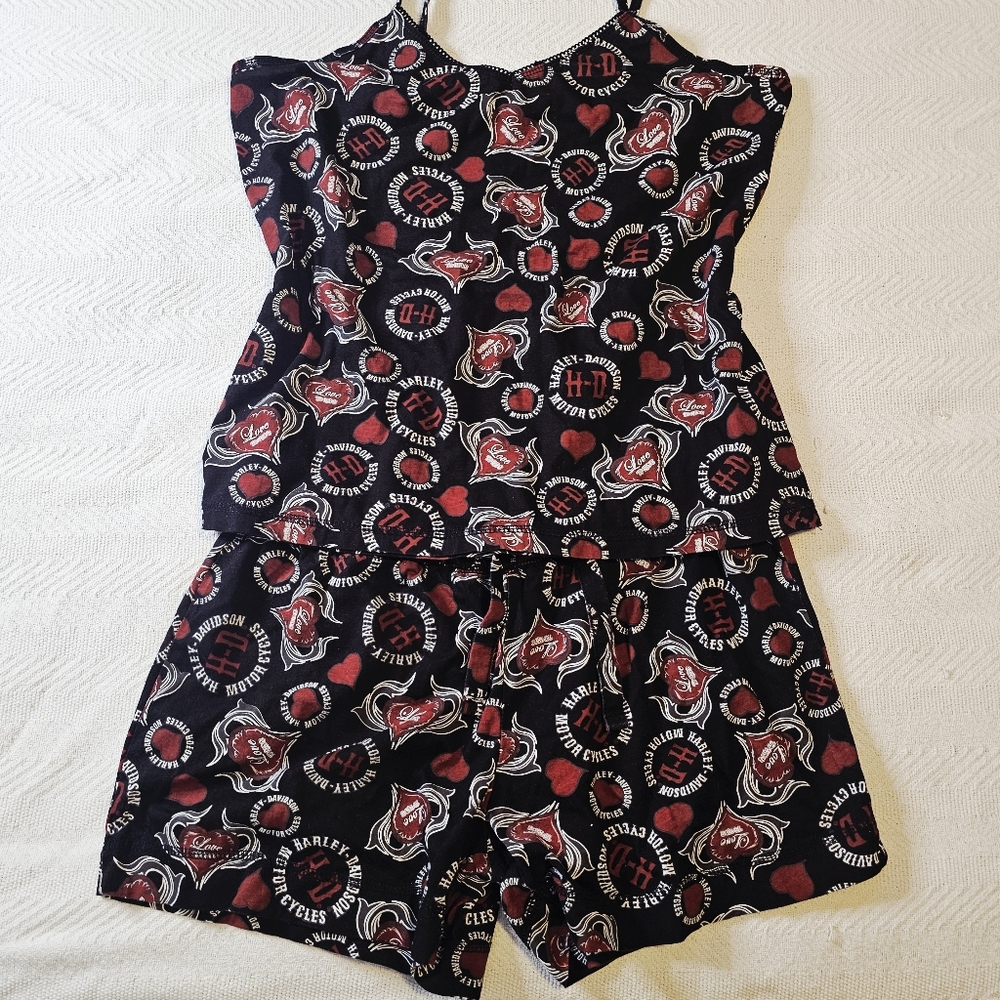 Harley Davidson | Love To Ride Black & Red Heart Cotton Cami & Shorts PJ Set XL